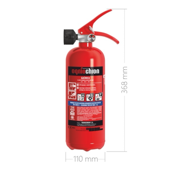 Vetbrandblusser 2 liter OgnioChron met afmetingen